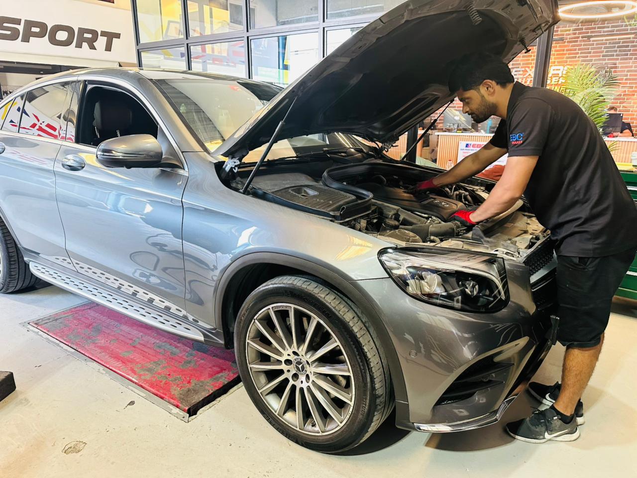 Mercedes car being services at EBC Express Dubai 