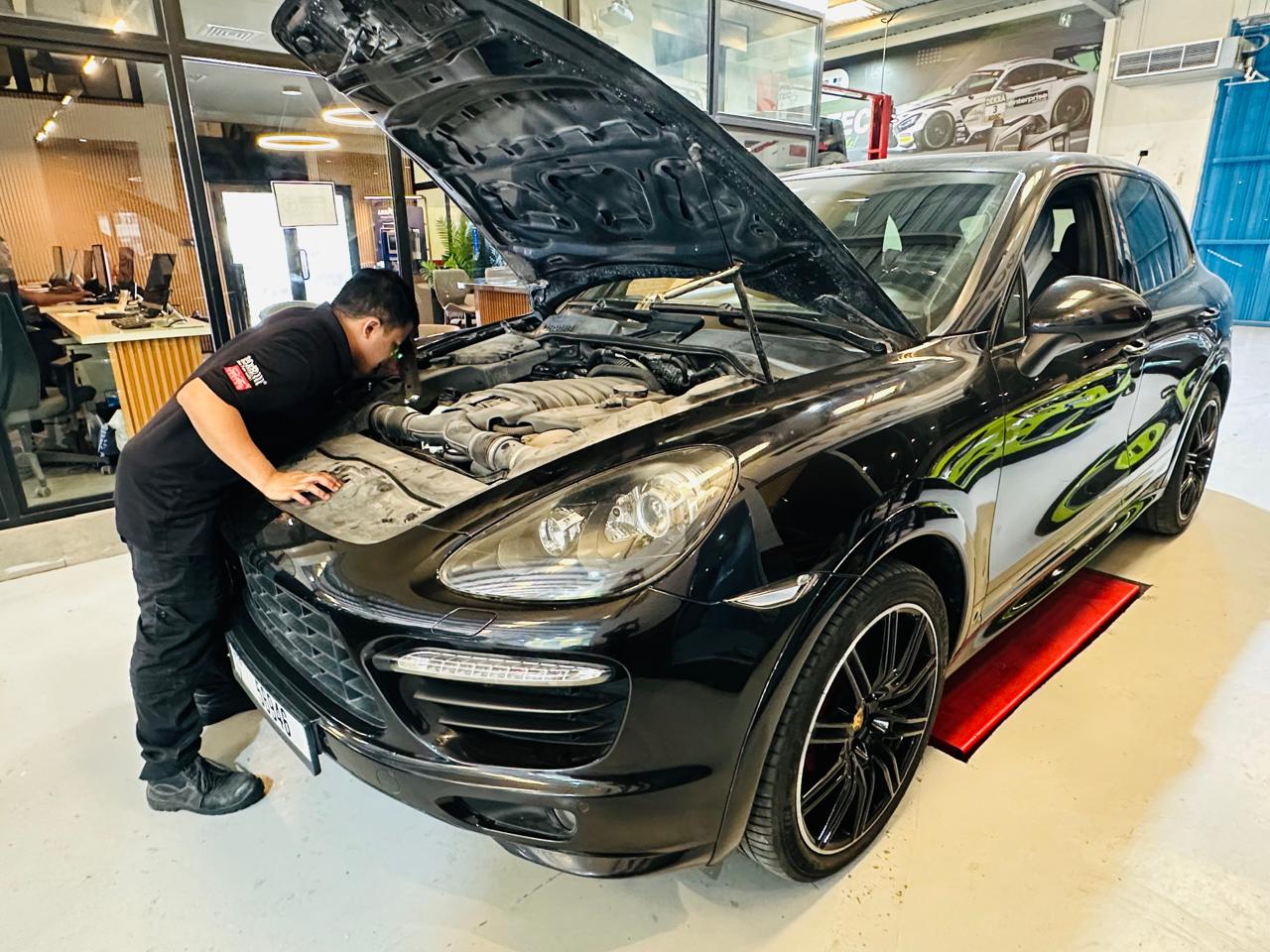 Porsche being serviced at EBC Garage Dubai